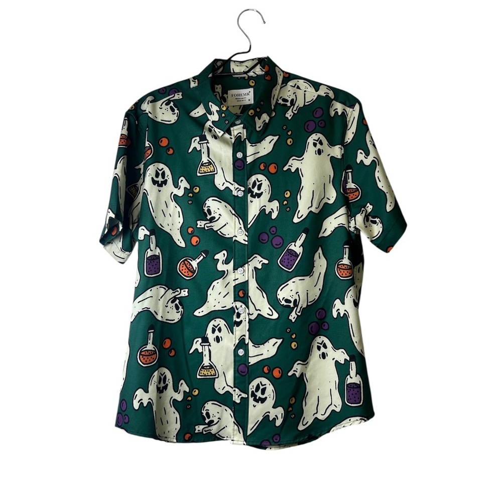 FOHEMR Men’s Halloween Ghost & Potion Print Shirt Medium Green Spooky Button Up